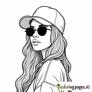 „Ein Ausmalbild einer modernen hip Hop Frau in Nahaufnahme mit starkem Hip-Hop-Flair. Sie trägt eine Kappe, die leicht zur Seite gedreht ist, und darunter ein Bandana. Ihre Haare sind minimalistisch und mit nur wenigen Linien angedeutet, ohne Strähnen oder Details. Der Hintergrund ist leer, und das Bild hat klare, einfache Konturen, ideal zum Ausmalen.“
