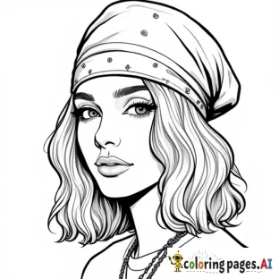 „Ein Ausmalbild einer modernen hip Hop Frau in Nahaufnahme mit starkem Hip-Hop-Flair. Sie trägt eine Kappe, die leicht zur Seite gedreht ist, und darunter ein Bandana. Ihre Haare sind minimalistisch und mit nur wenigen Linien angedeutet, ohne Strähnen oder Details. Der Hintergrund ist leer, und das Bild hat klare, einfache Konturen, ideal zum Ausmalen.“