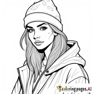 „Ein Ausmalbild einer modernen hip Hop Frau in Nahaufnahme mit starkem Hip-Hop-Flair. Sie trägt eine Kappe, die leicht zur Seite gedreht ist, und darunter ein Bandana. Ihre Haare sind minimalistisch und mit nur wenigen Linien angedeutet, ohne Strähnen oder Details. Der Hintergrund ist leer, und das Bild hat klare, einfache Konturen, ideal zum Ausmalen.“