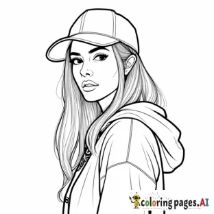„Ein Ausmalbild einer modernen hip Hop Frau in Nahaufnahme mit starkem Hip-Hop-Flair. Sie trägt eine Kappe, die leicht zur Seite gedreht ist, und darunter ein Bandana. Ihre Haare sind minimalistisch und mit nur wenigen Linien angedeutet, ohne Strähnen oder Details. Der Hintergrund ist leer, und das Bild hat klare, einfache Konturen, ideal zum Ausmalen.“