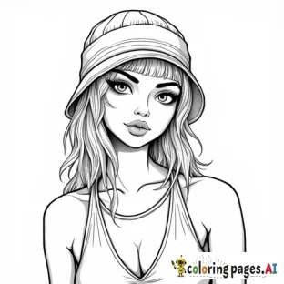 „Ein Ausmalbild einer modernen hip Hop Frau in Nahaufnahme mit starkem Hip-Hop-Flair. Sie trägt eine Kappe, die leicht zur Seite gedreht ist, und darunter ein Bandana. Ihre Haare sind minimalistisch und mit nur wenigen Linien angedeutet, ohne Strähnen oder Details. Der Hintergrund ist leer, und das Bild hat klare, einfache Konturen, ideal zum Ausmalen.“