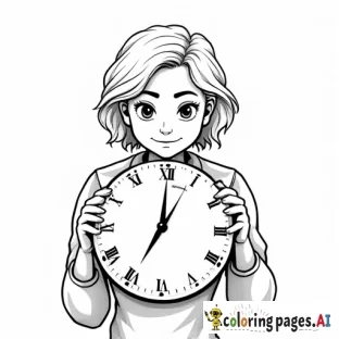 Eine Frau hält eine große, halb kaputte  Uhr in den Händen. Die Uhr ist an einer Seite zerbrochen, und Teile der Zeiger und des Ziffernblatts sind beschädigt und risse. Die Frau schaut nachdenklich auf die Uhr, während ihre Haltung eine Mischung aus Besorgnis und Nachdenklichkeit zeigt. Die Linien sind klar und minimalistisch gehalten, ideal für ein Ausmalbild, ohne unnötige Details. Ihr Gesichtsausdruck ist ruhig. und die risse sind auch bei der frau