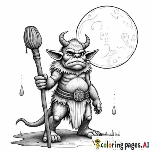 fantasy, troll holding a staff, large moon