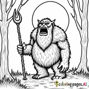 fantasy, troll holding a staff, large moon, forest background