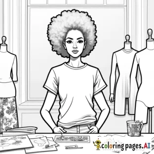 Fashion Design Studio - A designer’s studio with mannequins, fabric swatches, and sketchbooks.a woman of color in afro is wearing the T-shirt