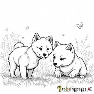 Field of shiba inu puppies playing