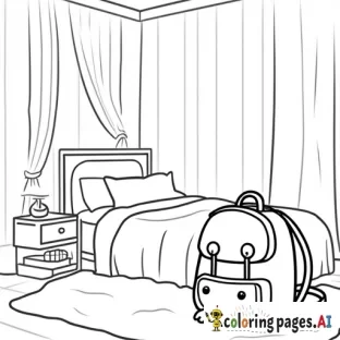 For a children's coloring book, the theme for the book is a magical backpack that transports the kid to other worlds. For the first page, the scene is going to be in the child's bedroom, the backpack on the floor and glowing. Do not include humans, faces or people of any kind. And remember it is for a children's coloring book so should be black and white and with big white spaces easy for a child to color.