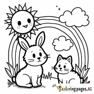 For Preschoolers:** - "Create a simple and fun coloring page of a cute smiling sun, fluffy clouds, and rainbow with stars. Add playful animals like a bunny and a cat, all with large eyes and soft shapes, suitable for preschoolers."