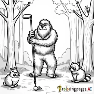 friendly bigfoot playing golf in the woods with a rabbit, owl, and a raccoon