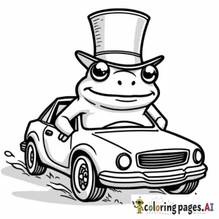 frog, wearing a top hat, driving a car