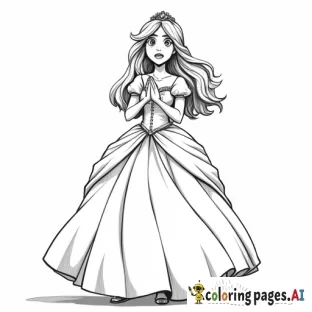 full body realistic princess character with concerned/dismayed/frightened expression twirling to face opposite direction, hands clasped to chest, mouth slightly open, minimal background, side view, in Anime Manga Line Art