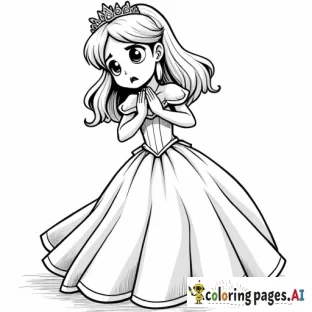full body realistic princess character with concerned/dismayed/frightened expression twirling to face opposite direction, hands clasped to chest, mouth slightly open, minimal background, side view, in Anime Manga Line Art