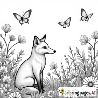 garden of flowers and butterflies with a fox