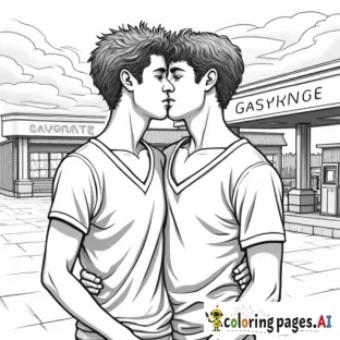 Gay couple Caucasian jet black hair blue eyes Billy Hinkle aka the Advocate 18 year old and  Caucasian curly chestnut hair boy Tate Beau dean 18 years old in loving embrace in front of gas station art in the style of  Alex Ross