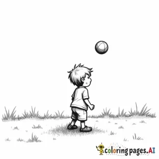 generate a colouring image of a boy standing with a ball in the grass. The ball is shown mid-air as if it is bouncing