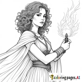 Generate a colouring page of a serious magic wielding woman with curly hair