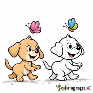 Generate an image with a colored illustration of 'a playful puppy chasing a butterfly' on the left side, and the same illustration in a black-and-white outline on the right side. Include floppy ears, a wagging tail, and a colorful butterfly to enhance the image. Both sections should have a white background.