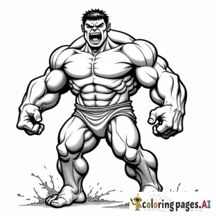 Generate an image with a colored illustration of 'Hulk in his powerful, muscular form' on the left side, and the same illustration in a black-and-white outline on the right side. Include 'ripped clothing, bulging muscles, and an intense roaring expression' to enhance the image. Both sections should have a white background.