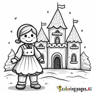gingerbread cookie girl in front of a gingerbread castle