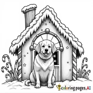 golden retriever in a gingerbread house with candy canes on the side it should be looking out a window and the grinch should be on the roof