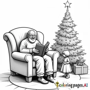 Grandpa sitting in his chair, holding the leather-bound book, with the Christmas tree glowing behind him and the cousins gathered around.