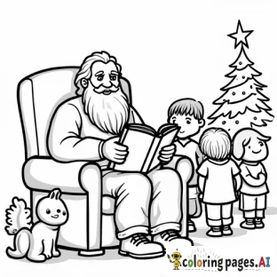 Grandpa with a very short beard sitting in his chair, holding the leather-bound book, with the Christmas tree glowing behind him and the cousins gathered around.