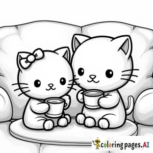 Hello kitty and friends drinking hot chocolate on the couch