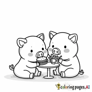 Here’s a prompt you can use for an AI to generate your coloring page:  “Create a cute and simple cartoon-style image of two pigs, one boy and one girl, sitting at a small table together. The girl pig has a bow and is eating fries, while the boy pig is eating a burger. The design should be clean and straightforward, with no intricate details or background clutter. Make it playful and girly, focusing on clear lines suitable for coloring.