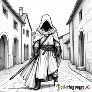 Hooded assassin in medieval town