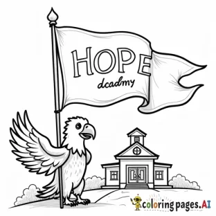 Hope Academy GSO Logo on a flag. a kids friendly eagle holding the flag standing infront of a school house