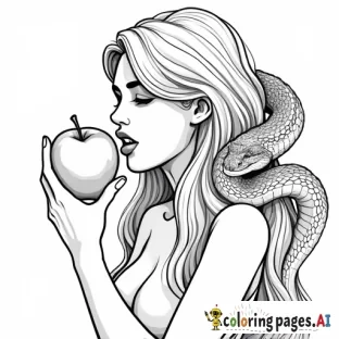 human woman biting an apple with a mean large snake crawling up her arm looking at apple