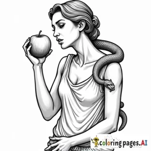 human woman biting an apple with a serpent crawling up her arm looking at apple