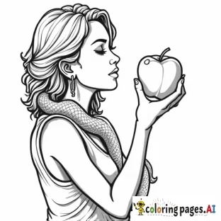 human woman biting into an apple with a mean large snake crawling up her arm looking at apple