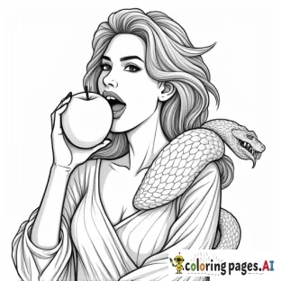 human woman biting into an apple with a mean large snake wrapped around arm with fangs
