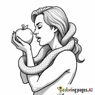 human woman closed eyes biting into an apple with a mean large snake wrapped around arm with fangs