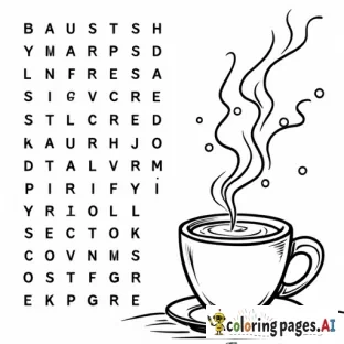 I want to design a 1 sheet coloring page on a regular sheet of letter paper for della coffee. Can you come up with one that includes a word search with coffee words, tick tac toe, a cute picture to color and anything else that might be good? Suited for the age ranges of 4-8.