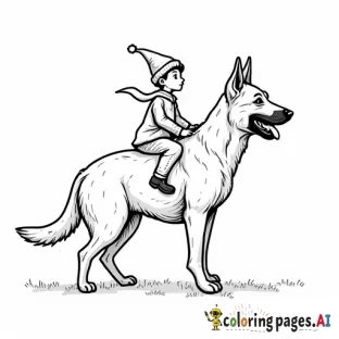 image of small elf riding on the back of a german shepard