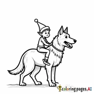 image of small elf riding on the back of a german shepard and the german shepard should be wearing a santa hat