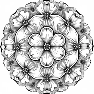 "Intricate mandala design featuring delicate cherry blossoms as the central motif, with each blossom carefully outlined with fine lines and small details in the petals. Surrounding the blossoms are elegant swirls, small leaves, and intricate patterns that radiate outward. The design combines geometric precision with the soft, organic flow of petals, creating a harmonious and calming experience for adult coloring."