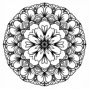 "Intricate mandala design featuring delicate cherry blossoms as the central motif, with each blossom carefully outlined with fine lines and small details in the petals. Surrounding the blossoms are elegant swirls, small leaves, and intricate patterns that radiate outward. The design combines geometric precision with the soft, organic flow of petals, creating a harmonious and calming experience for adult coloring."