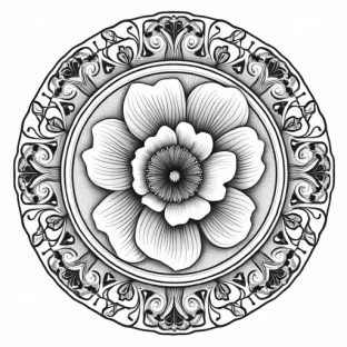 "Intricate mandala featuring large, blooming peonies with finely detailed petals and delicate linework in the center. Surrounding the flowers are soft, swirling decorative flourishes and repeating floral patterns, creating a flowing, harmonious design. The outer layers of the mandala incorporate fine details of leaves, small buds, and geometric shapes, offering a peaceful, balanced composition perfect for a relaxing and detailed adult coloring page."