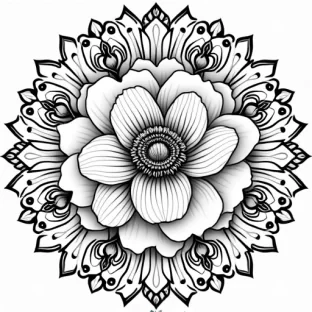 "Intricate mandala featuring large, blooming peonies with finely detailed petals and delicate linework in the center. Surrounding the flowers are soft, swirling decorative flourishes and repeating floral patterns, creating a flowing, harmonious design. The outer layers of the mandala incorporate fine details of leaves, small buds, and geometric shapes, offering a peaceful, balanced composition perfect for a relaxing and detailed adult coloring page."