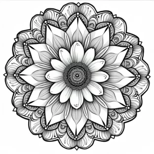 "Intricate mandala featuring large, blooming peonies with finely detailed petals and delicate linework in the center. Surrounding the flowers are soft, swirling decorative flourishes and repeating floral patterns, creating a flowing, harmonious design. The outer layers of the mandala incorporate fine details of leaves, small buds, and geometric shapes, offering a peaceful, balanced composition perfect for a relaxing and detailed adult coloring page."