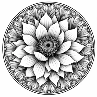 "Intricate mandala with large, blooming peonies at the center, their petals finely detailed with fine linework and soft shading. The peonies are surrounded by swirling vines and leaves that flow symmetrically outward, filling each layer of the mandala. The outer edges feature subtle floral motifs, creating a harmonious, relaxing design. The fine detailing and clean lines create a calming atmosphere for mindful coloring."