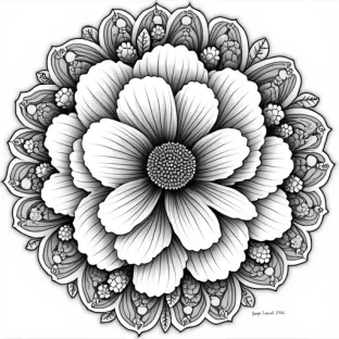 "Intricate mandala with large, blooming peonies at the center, their petals finely detailed with fine linework and soft shading. The peonies are surrounded by swirling vines and leaves that flow symmetrically outward, filling each layer of the mandala. The outer edges feature subtle floral motifs, creating a harmonious, relaxing design. The fine detailing and clean lines create a calming atmosphere for mindful coloring."