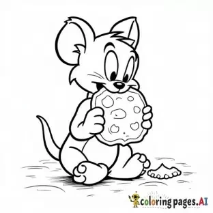 Jerry eating a big cookie: Jerry sits cross-legged, holding a giant cookie with both hands, taking a big bite, crumbs around his mouth. The cookie has a simple pattern like chocolate chips. Plain background.