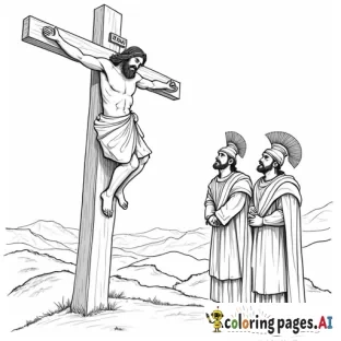 JESUS DYING ON THE CROSS WITH ROMAN SOLDIERS LOOKING UP AT HIM