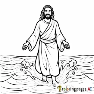 Jesus smiling walking on water,ocean waves , children's coloring book style smiling