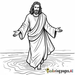 Jesus walking on water, children's coloring book style smiling