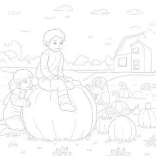 A group of children are exploring a pumpkin patch, each picking out their favorite pumpkin. Some are huge, round pumpkins, while others are small and uniquely shaped. One child is trying to lift a giant pumpkin, while another is sitting on top of one, smiling. There are colorful leaves scattered all around and a farm in the background.